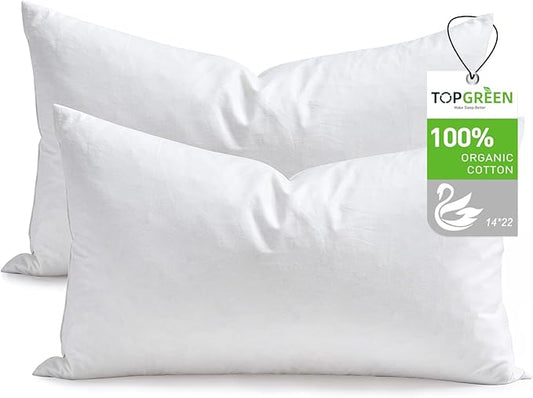 TOPGREEN Feathers Down Pillow Inserts 14x22, Set of 2, 100% Organic Cotton Shell, Soft Decorative Lumbar Pillow Insert for Living Room Sofa, Couch, or Bed (White)