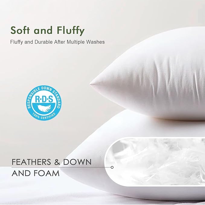 TOPGREEN Feathers Down Throw Pillow Inserts 12x20, Set of 2, 100% Organic Cotton Shell, Soft Decorative Lumbar Pillow Insert for Living Room Sofa, Couch, or Bed (White)