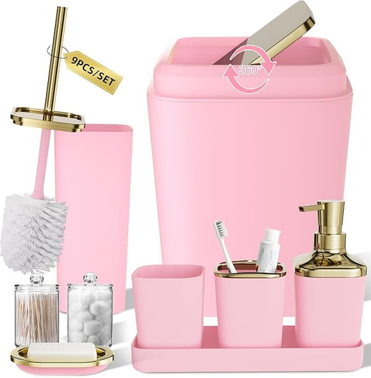 XLHOMO Pink Bathroom Accessories Set, Pink and Gold Bathroom Accessories with Trash Can, Soap Dispenser, Soap Dish, Toothbrush Holder and Q-tip Holders