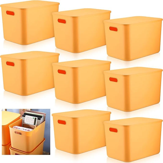 Hoolerry 8 Pieces Colorful Storage Bins with Lid, Plastic Storage Basket Organizing Container Stackable Box with Handle for Shelves Desktop Playroom Office(14.2 x 10.2 x 9.5 Inch,Yellow)