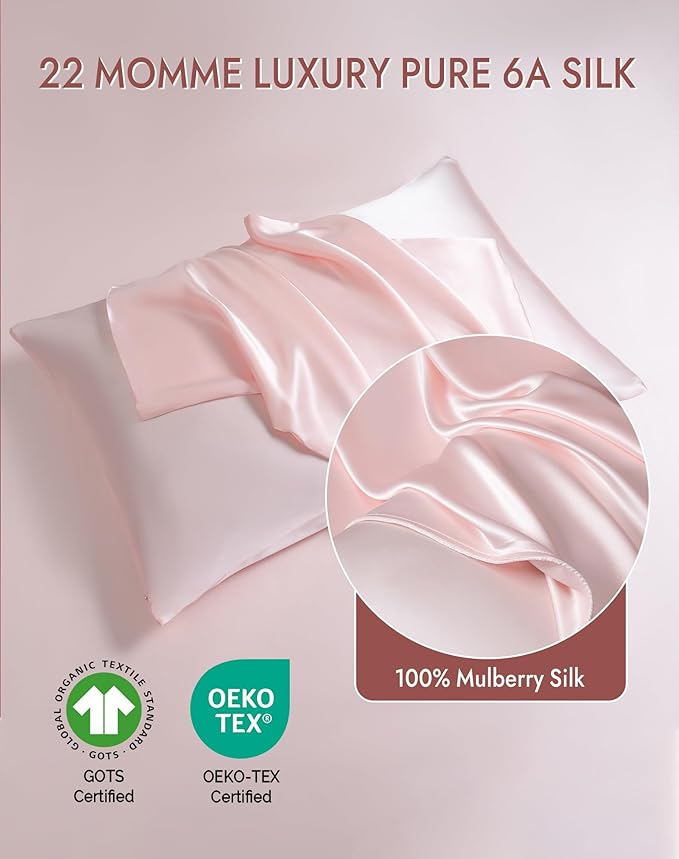 SilkSilky 100% Mulberry Silk Pillowcase - Pure 22 Momme High-Grade 6A Fibers for Hair & Skin, Envelope Closure, Natural, Organic, Breathable & Cooling Pillow Case (Queen, Pink)