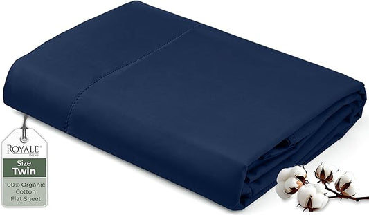 Royale Linens 100% Organic Cotton Twin Flat Sheet Only - Super Soft - Percale Top Sheets - Twin Flat Sheet Sold Separately - Breathable, Cool & Crisp Navy Sheets Only (66" x 96", Navy)