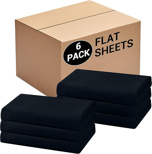 Bulk Twin Flat Sheets Only, 6 Pack Quick Sort Top Bed Sheet, Color-Coded Label Threads, Wrinkle-Free Shrinkage Durable Microfiber Hotel Motel Airb&bs Essentials for Hosts (66"x96",Black)