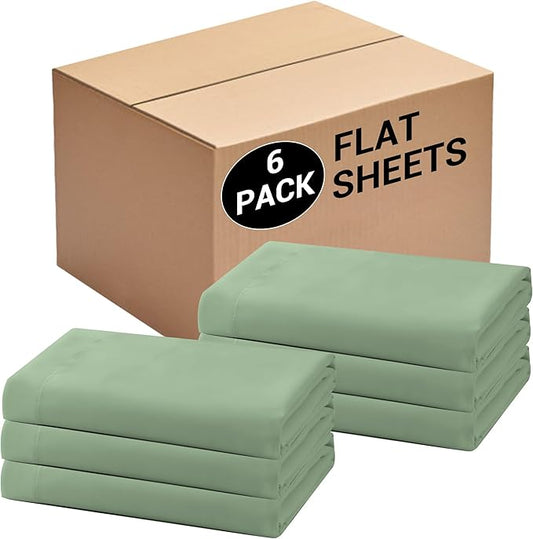 Bulk Twin Flat Sheets Only, 6 Pack Quick Sort Top Bed Sheet, Color-Coded Label Threads, Wrinkle-Free Shrinkage Durable Microfiber Hotel Motel Airb&bs Essentials for Hosts (66"x96",Sage Green)