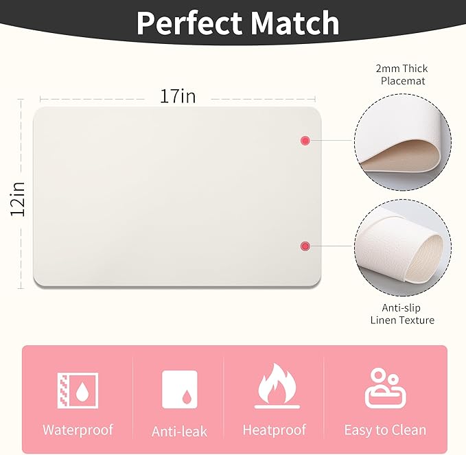 Maxpearl Faux Leather Placemats Set of 8 - Waterproof - Wipe Clean - Heat Resistant - Non Slip Dining Table Place Mats, Suitable for Indoor & Outdoor Use, 17’’x12’’, Ivory White