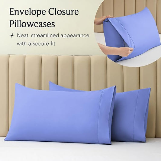 LuxClub Collection Pillowcases 2 Pack - Eco Friendly Wrinkle Free Cooling Pillow Cases with Satin Trim - Machine Washable Hotel Bedding Silky Soft - Violet Blue King