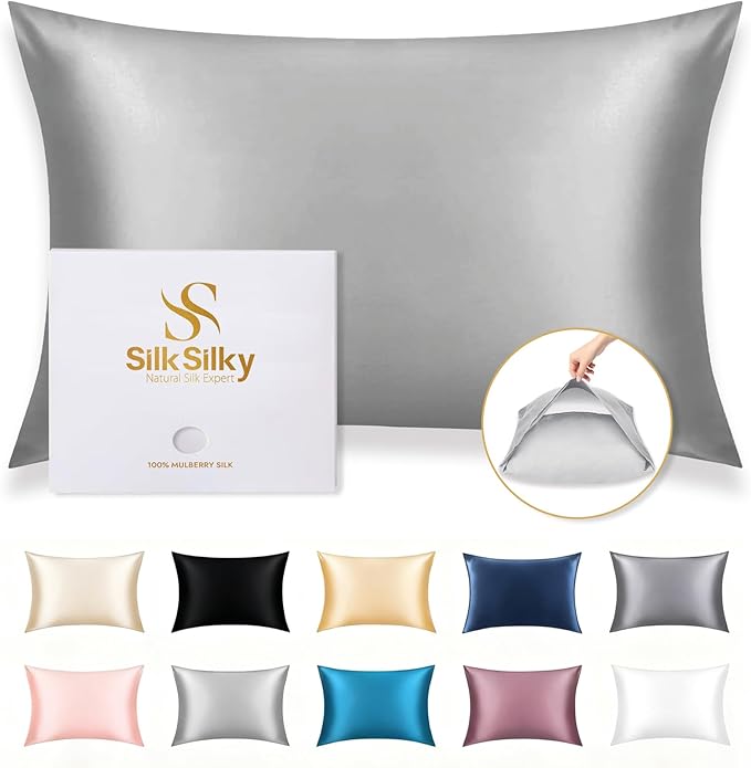 SilkSilky 100% Mulberry Silk Pillowcase - Pure 22 Momme High-Grade 6A Fibers for Hair & Skin, Envelope Closure, Natural, Organic, Breathable & Cooling Pillow Case (Standard, Silver)