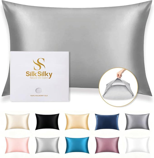 SilkSilky 100% Mulberry Silk Pillowcase - Pure 22 Momme High-Grade 6A Fibers for Hair & Skin, Envelope Closure, Natural, Organic, Breathable & Cooling Pillow Case (Standard, Silver)