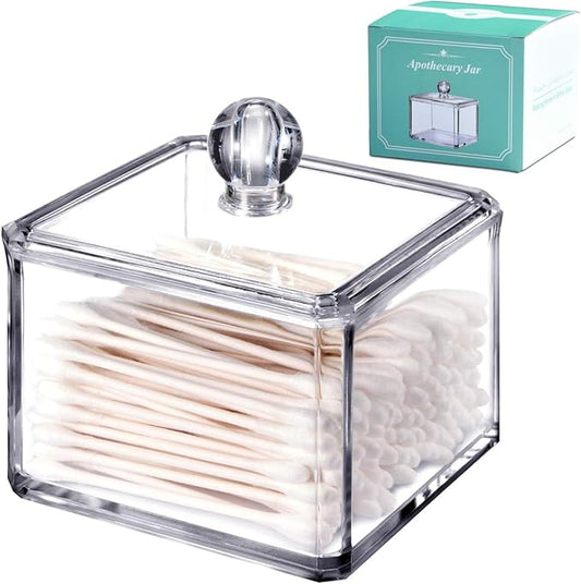 SheeChung Modern Square Acrylic Qtip Holder - Clear Apothecary Jar with Lid - Bathroom Vanity Storage Canister for Cotton Swabs, Balls, Pads - Compact Makeup Sponge Organizer