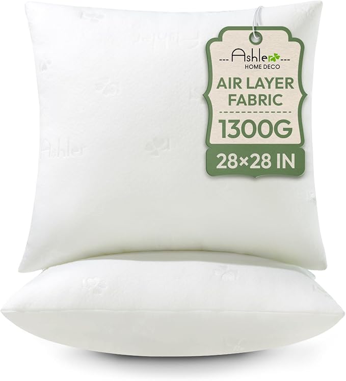 Ashler Throw Pillow Inserts 28 x 28 Inches Set of 2,Firm and Fluffy Decorative Square Pillows with Air Layer, Indoor Square Cushion Stuffer for Couch Bed Sofa and Living Room