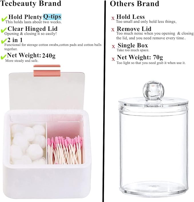 Tecbeauty 2pcs Qtips Holder - Middle Divider Cotton Pads Storage Dispenser Bathroom Organizer with Clear Hinged Lids for Cotton Balls Swabs Rounds-White & Pink