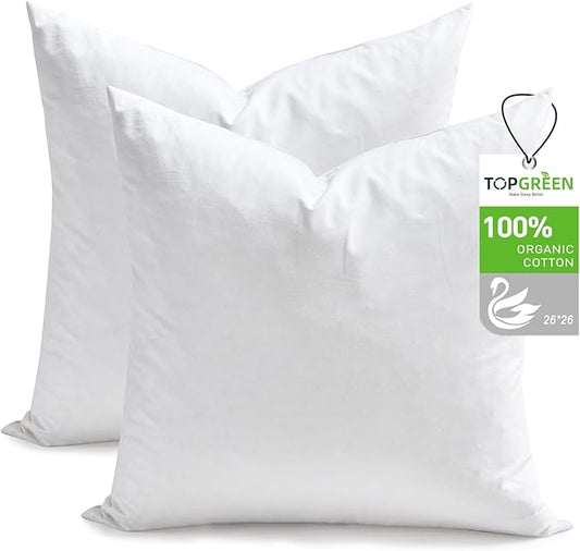 TOPGREEN Feathers Down Pillow Inserts 26x26, Set of 2, Euro Pillow Insert with 100% Organic Cotton Shell, Soft Decorative Throw Pillow for Living Room, Sofa, Couch, or Bed (White)