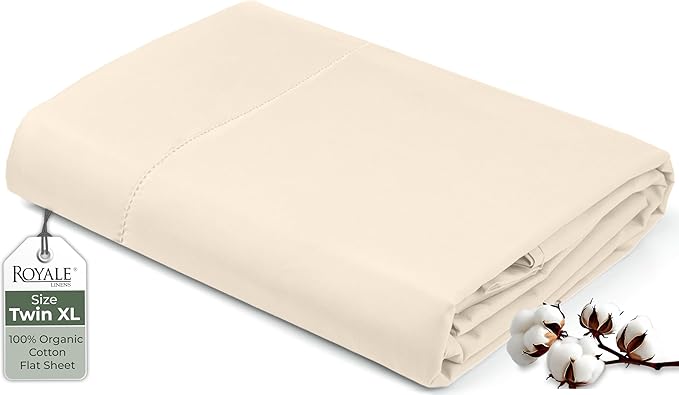 Royale Linens 100% Organic Cotton Fitted Sheet - Percale Weave - Super Soft Deep Pocket Bottom Sheets - Cream Elastic Sheet Twin XL Size - Twin XL Fitted Sheets Only - (39"x80"+15", Cream)
