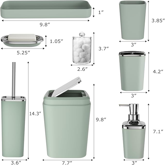 XLHOMO Bathroom Set, Sage Green Bathroom Accessories Set with Press-on Lid Bathroom Trash Can, Soap Dispenser, 10PC Bathroom Accessory Set for Home