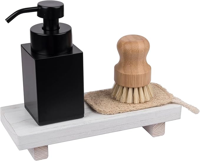 Small Wood Tray Pedestal Stand Farmhouse Bathroom Decor Decorative Wooden Riser Kitchen Soap Dish Holder for Vanity, Counter, Sink, White