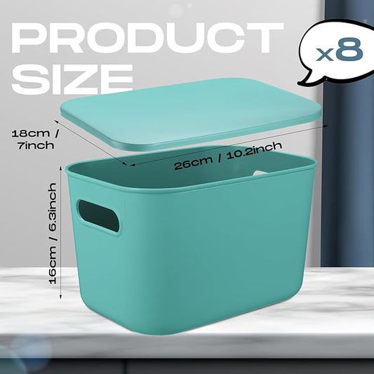 Hoolerry 8 Pieces Colorful Storage Bins with Lid, Plastic Storage Basket Organizing Container Stackable Box with Handle for Shelves Desktop Playroom Office(10.2 x 7 x 6.3 Inch,Green)