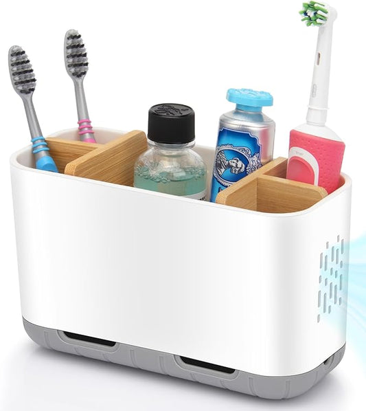 GFWARE Toothbrush Holders for Bathrooms - Bamboo Divider Toothbrush and Toothpaste Holder with Drainage, Kids Electric Toothbrush Organizer for Bathroom Countertop, White Tooth Brush Holder