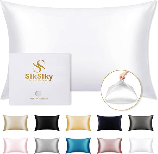 SilkSilky 100% Mulberry Silk Pillowcase - Pure 22 Momme High-Grade 6A Fibers for Hair & Skin, Envelope Closure, Natural, Organic, Breathable & Cooling Pillow Case (Queen, White)