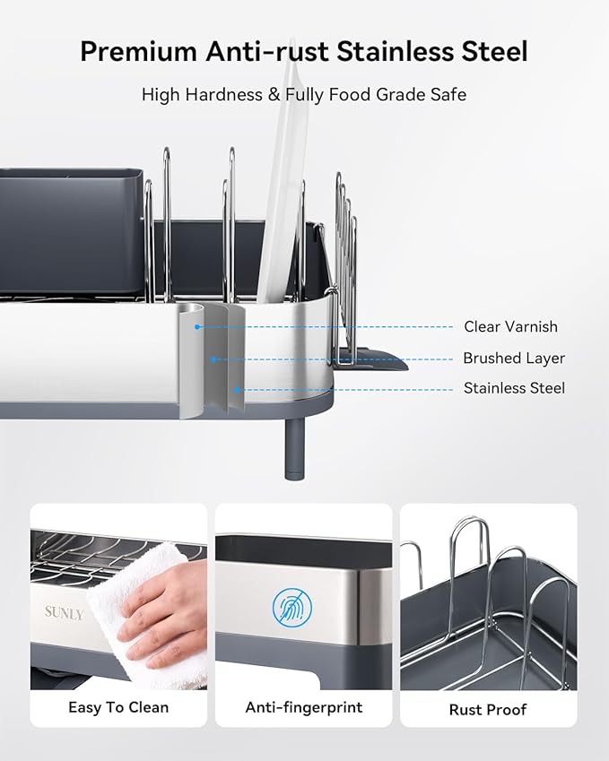 SUNLY Expandable Dish Drying Rack, Versatile Brackets for Pots & Pans, Space Saving Kitchen Drying Rack, Dish Racks for Kitchen Counter, Stainless Steel Dish Drainers with Extendable Spout, Gray