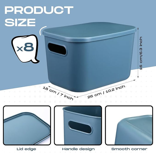 Hoolerry 8 Pieces Colorful Storage Bins with Lid, Plastic Storage Basket Organizing Container Stackable Box with Handle for Shelves Desktop Playroom Office(10.2 x 7 x 6.3 Inch,Blue)