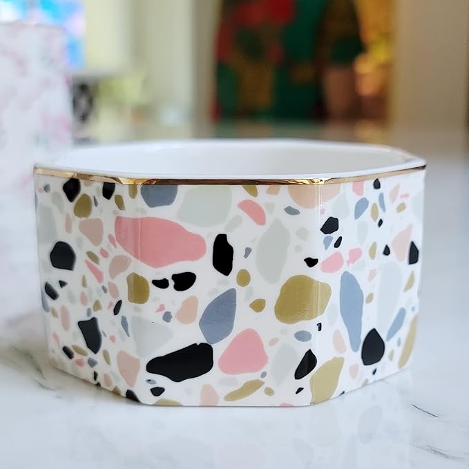 LEAZUL Ceramic Paper Clip Holder Gold Line Paper Clip Dispenser Organizer for Desk Cute Terrazzo Marble Pattern Office Binder Clip Holder Bobby Pin and Hair Clip Holder Gift for Office Pink