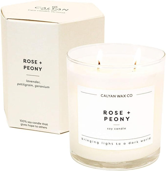 Calyan Wax Co. Rose & Peony 2 Wick Scented Candle - 37 Hour Burn - Luxury Non Toxic Soy Wax Candles - Long Lasting Large Glass Jar Candle for Home - 8.8oz