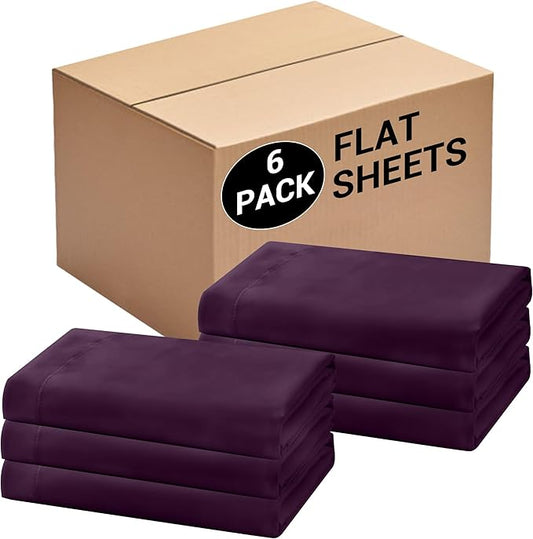 Bulk Twin Flat Sheets Only, 6 Pack Quick Sort Top Bed Sheet, Color-Coded Label Threads, Wrinkle-Free Shrinkage Durable Microfiber Hotel Motel Airb&bs Essentials for Hosts (66"x96",Dark Purple)