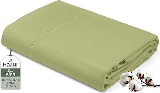 Royale Linens 100% Organic Cotton King Flat Sheet Only - Super Soft - Percale Top Sheets - King Flat Sheet Sold Separately - Breathable, Cool & Crisp Sage Green Sheets Only (105" x 102", Sage Green)
