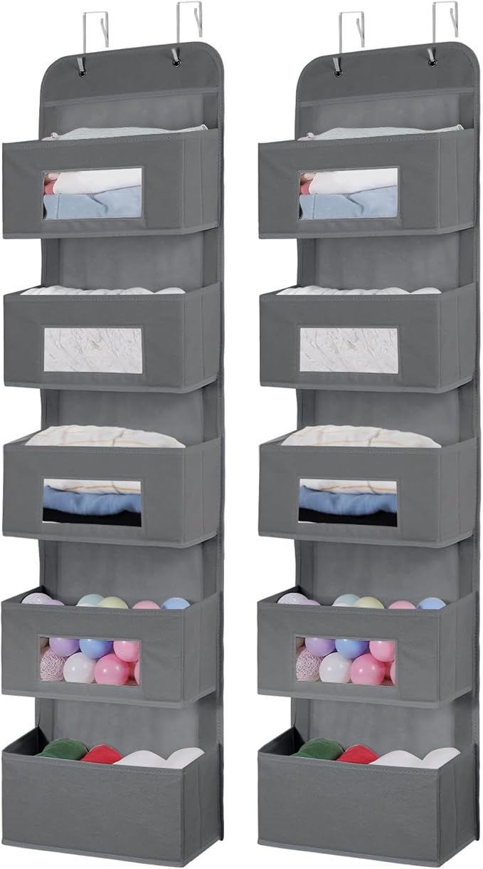 MAX Houser 5-Shelf Over The Door Hanging Organizer with 2 Metal Hooks，5 Pocket Over The Door Wall Mount Storage with Clear Windows for Baby Nursery Bathroom Closet,Bedroom,Dorm (Gray-2 Pack)