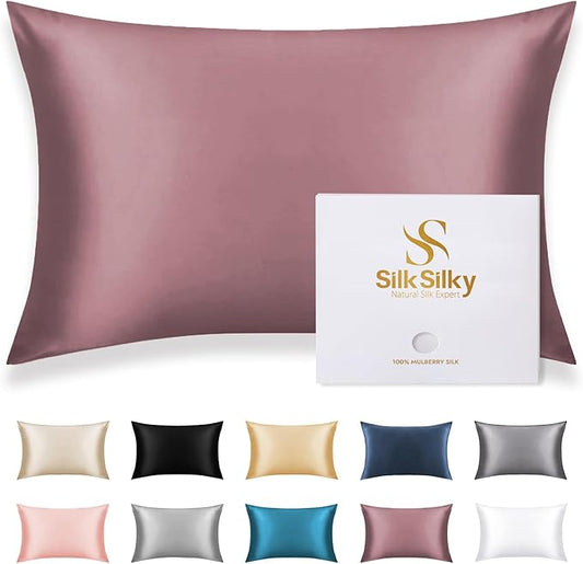 SilkSilky 100% Mulberry Silk Pillowcase - Pure 22 Momme High-Grade 6A Fibers for Hair & Skin, Envelope Closure, Natural, Organic, Breathable & Cooling Pillow Case (Queen, Pale Mauve)
