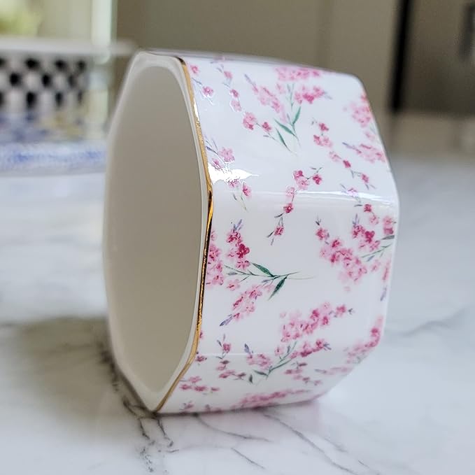 LEAZUL Ceramic Paper Clip Holder Gold Line Paper Clip Dispenser Organizer for Desk Cute Floral Pattern Office Binder Clip Holder Bobby Pin and Hair Clip Holder Gift for Office Pink Flowers