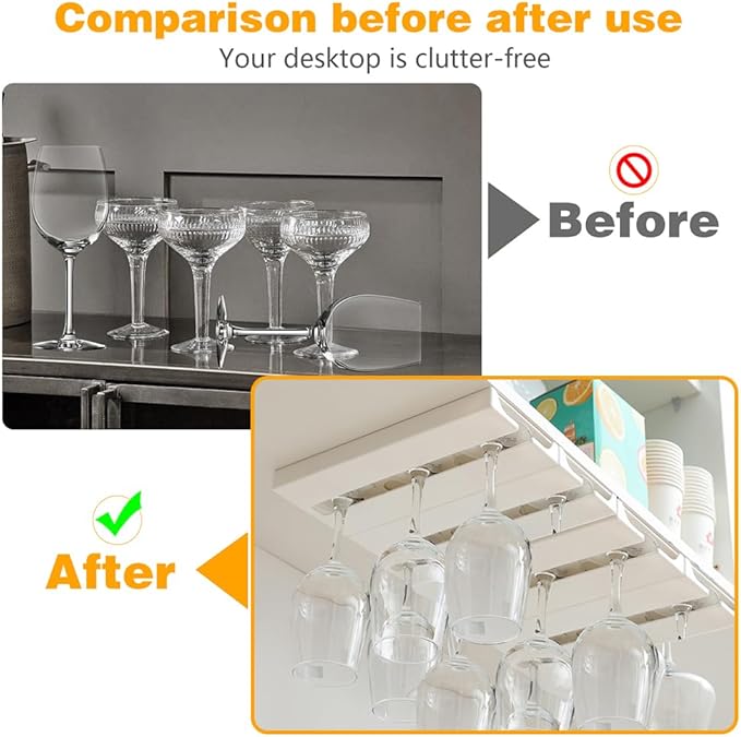 DESONAUT 4 Pcs Wine Glass Holder Under Shelf or Cabinet Punch-free,Stemware Rack Glassware Drying Storage Hanger for Kitchen,Bar and Restaurant (White) ﻿