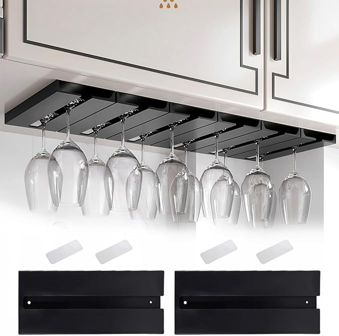 DESONAUT 2Pcs Wine Glass Holder，Stemware Rack Plastic Punch-free Hanging Under Cabinet for Bar,Kitchen and Restaurant (black)