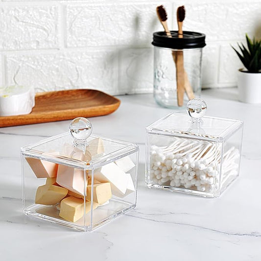 SheeChung Modern Square Acrylic Qtip Holder - Clear Apothecary Jar with Lid - Bathroom Vanity Storage Canister for Cotton Swabs, Balls, Pads - Compact Makeup Sponge Organizer