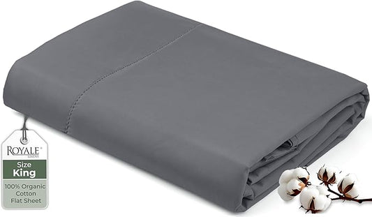 Royale Linens 100% Organic Cotton King Flat Sheet Only - Super Soft - Percale Top Sheets - King Flat Sheet Sold Separately - Breathable, Cool & Crisp Grey Sheets Only (105" x 102", Grey)