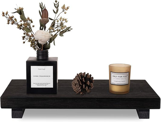 Small Wood Tray Pedestal Stand Farmhouse Bathroom Decor Decorative Wooden Riser Kitchen Soap Dish Holder for Vanity, Counter, Sink, Large 11.8" x 7" - Black