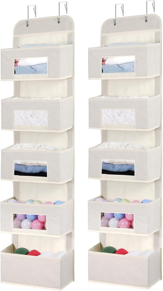 MAX Houser 5-Shelf Over The Door Hanging Organizer with 2 Metal Hooks，5 Pocket Over The Door Wall Mount Storage with Clear Windows for Baby Nursery Bathroom Closet,Bedroom,Dorm(Beige-2 Pack)