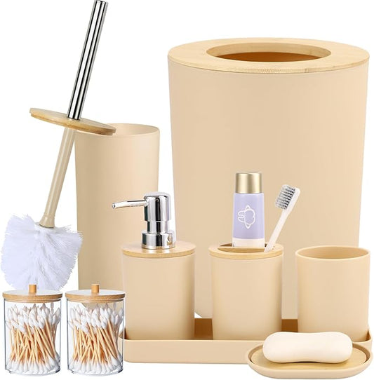 SLDIYWOW Bathroom Accessories, Beige Bathroom Accessories Sets Complete with Trash Can,Tray,Soap Dispenser,Toothbrush Holder,Toothbrush Cup,Soap Dish,Toilet Brush and Q-tip Holders for Bathroom