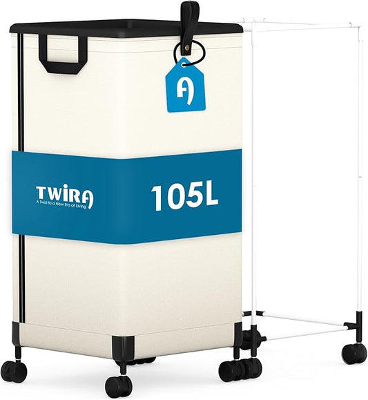 Laundry Basket with Wheels 105L, Large Rolling Laundry Hamper with Removable Bag, Metal Frame Collapsible Dirty Clothes Bin, Cloth Organizer Hampers Pull Handle for Bathroom, Dorm, Bedroom White