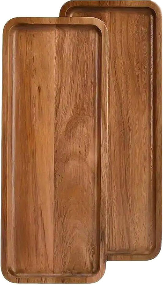 2 Pack Solid Wood Serving Platters and Trays of Natural Wood with Edge,Rectangular Avoid Sliding and Spilling Food (Rectangular Acacia Wood Platters 2pcs)