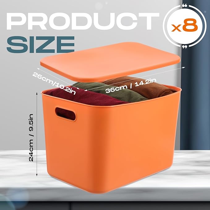 Hoolerry 8 Pieces Colorful Storage Bins with Lid, Plastic Storage Basket Organizing Container Stackable Box with Handle for Shelves Desktop Playroom Office(14.2 x 10.2 x 9.5 Inch,Blue and Orange)