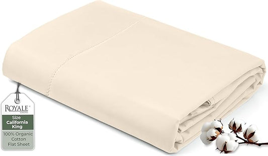 Royale Linen 100% Organic Cotton California King Flat Sheet Only - Super Soft - Percale Top Sheets - California King Flat Sheet Sold Separately - Cool & Crisp White Sheets Only (108" x102", Cream)