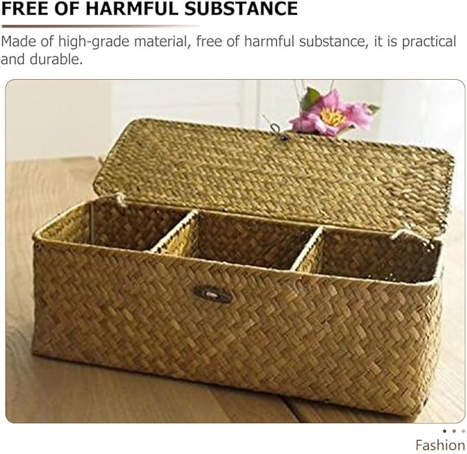 Cabilock Woven Storage Basket with Lid 3-Section Rectangular Seagrass Organizer for Living Room Pantry and Desktop Storage 12.6X4.7X4.3 Inch Handcrafted Bin