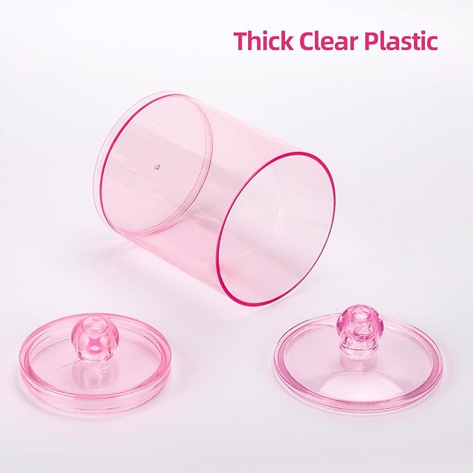 Tbestmax 12 oz & 10 oz Qtip Holder - 4 Pack Restroom Bathroom Organizers and Storage Containers, Pink Plastic Apothecary Jars with Lids for Cotton Swab, Cotton Round Pads, Floss