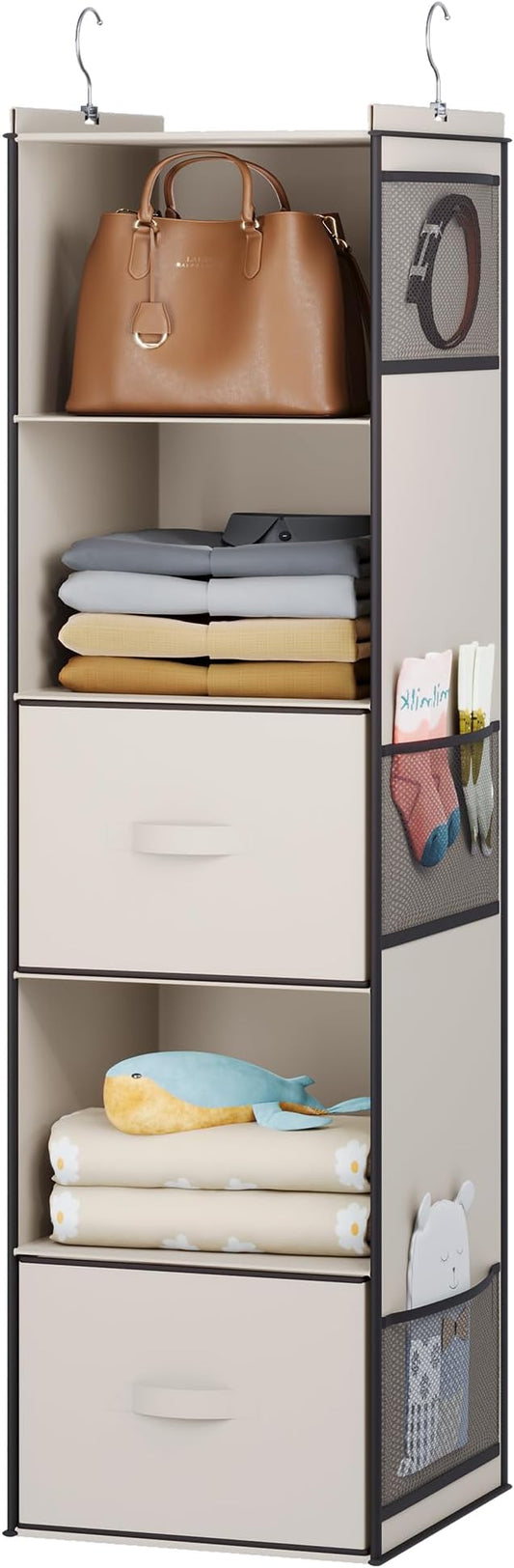 YOUDENOVA Hanging Closet Organizer, 5 Tier Hanging Closet Shelves with Drawers and 6 Side Pockets, Beige