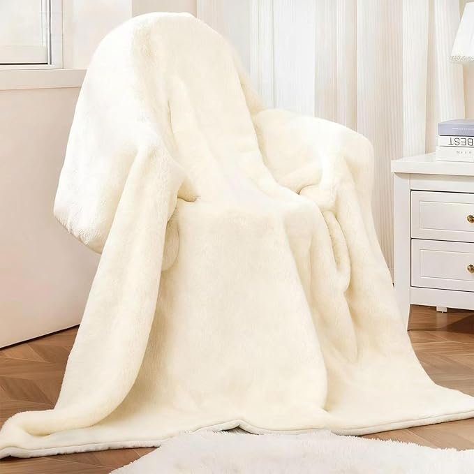 Faux Rabbit Fur Throw Blanket 880 GSM,Ultra Soft Thick Warm Bubble Plush, Reversible Throw for Couch Sofa Bed, Cozy Shaggy Blanket for Bedroom & Living Room(50"x60",White)