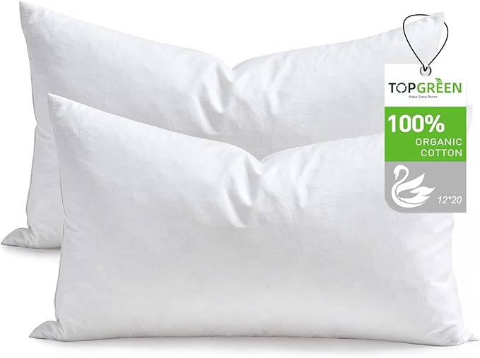 TOPGREEN Feathers Down Throw Pillow Inserts 12x20, Set of 2, 100% Organic Cotton Shell, Soft Decorative Lumbar Pillow Insert for Living Room Sofa, Couch, or Bed (White)