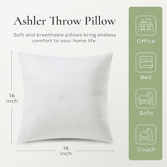 Ashler Throw Pillow Inserts- 16x16 Pillow Inserts with Air Layer, Premium Bed and Couch Pillows - Indoor Decorative Throw Pillow, Square Cushion Sham Stuffer, Pack of 2, White