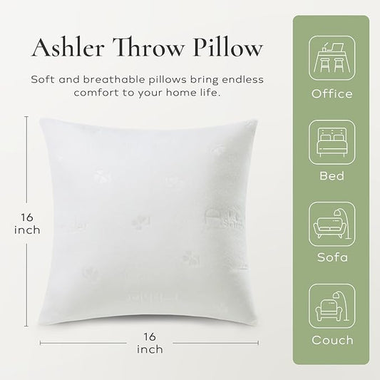 Ashler Throw Pillow Inserts- 16x16 Pillow Inserts with Air Layer, Premium Bed and Couch Pillows - Indoor Decorative Throw Pillow, Square Cushion Sham Stuffer, Pack of 2, White