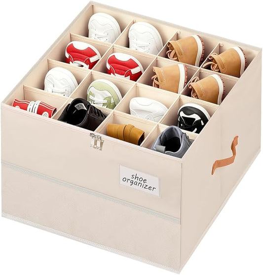 Chewlish Shoe Organizer for Closet, Foldable Shoe Storage Organizer Containers with Clear Cover, Space Saving Shoes Holder with Handles, Beige (1, L)